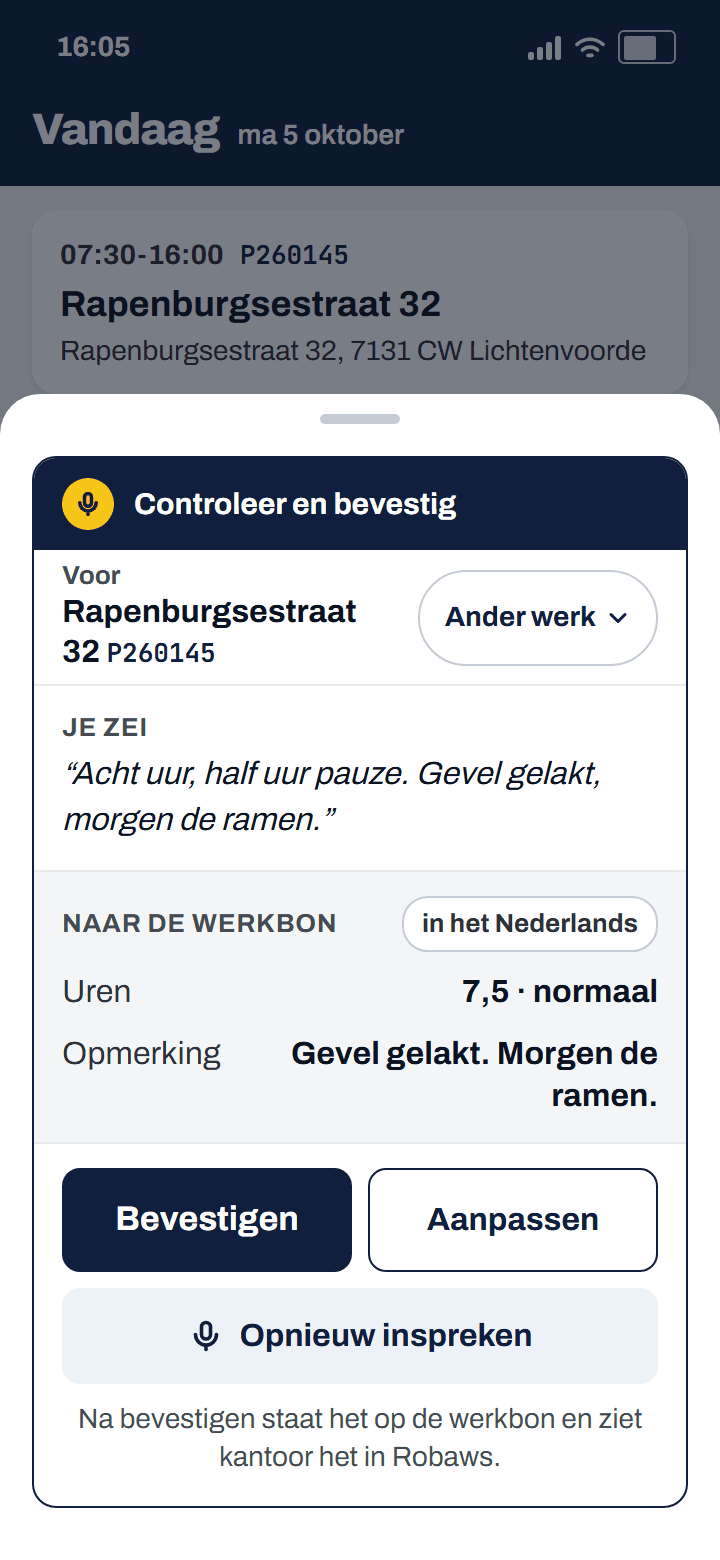 Voorstelkaart: 7,5 uur en een opmerking naar de werkbon, knoppen Bevestigen en Aanpassen