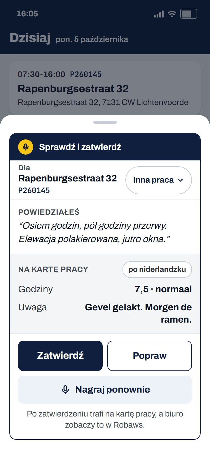 Karta propozycji: 7,5 godz. i uwaga na kartę pracy, przyciski Zatwierdź i Popraw