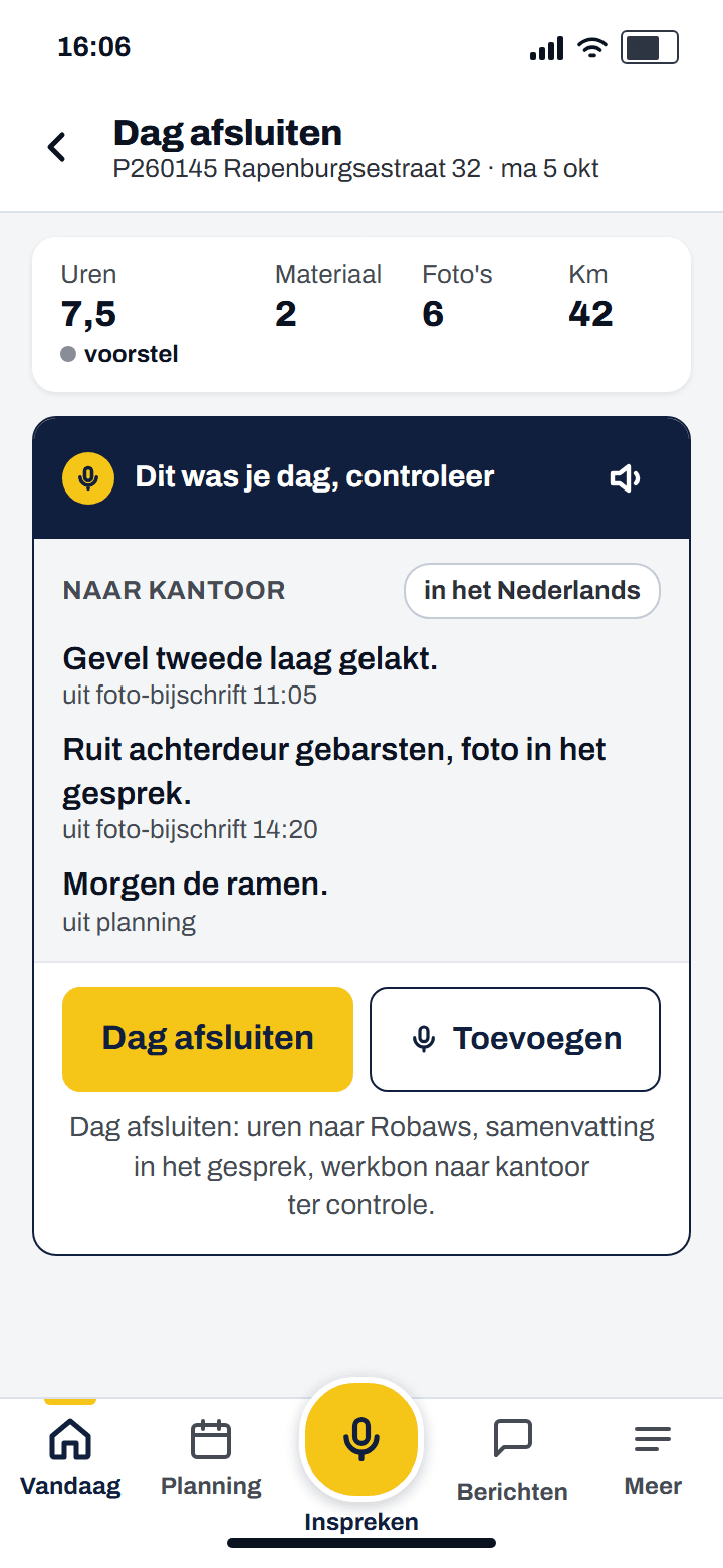Dagafsluiting: de dag staat klaar met per zin de bron, knop Dag afsluiten