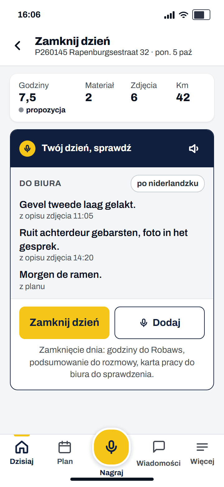 Zamknięcie dnia: dzień gotowy, przy każdym zdaniu źródło, przycisk Zamknij dzień