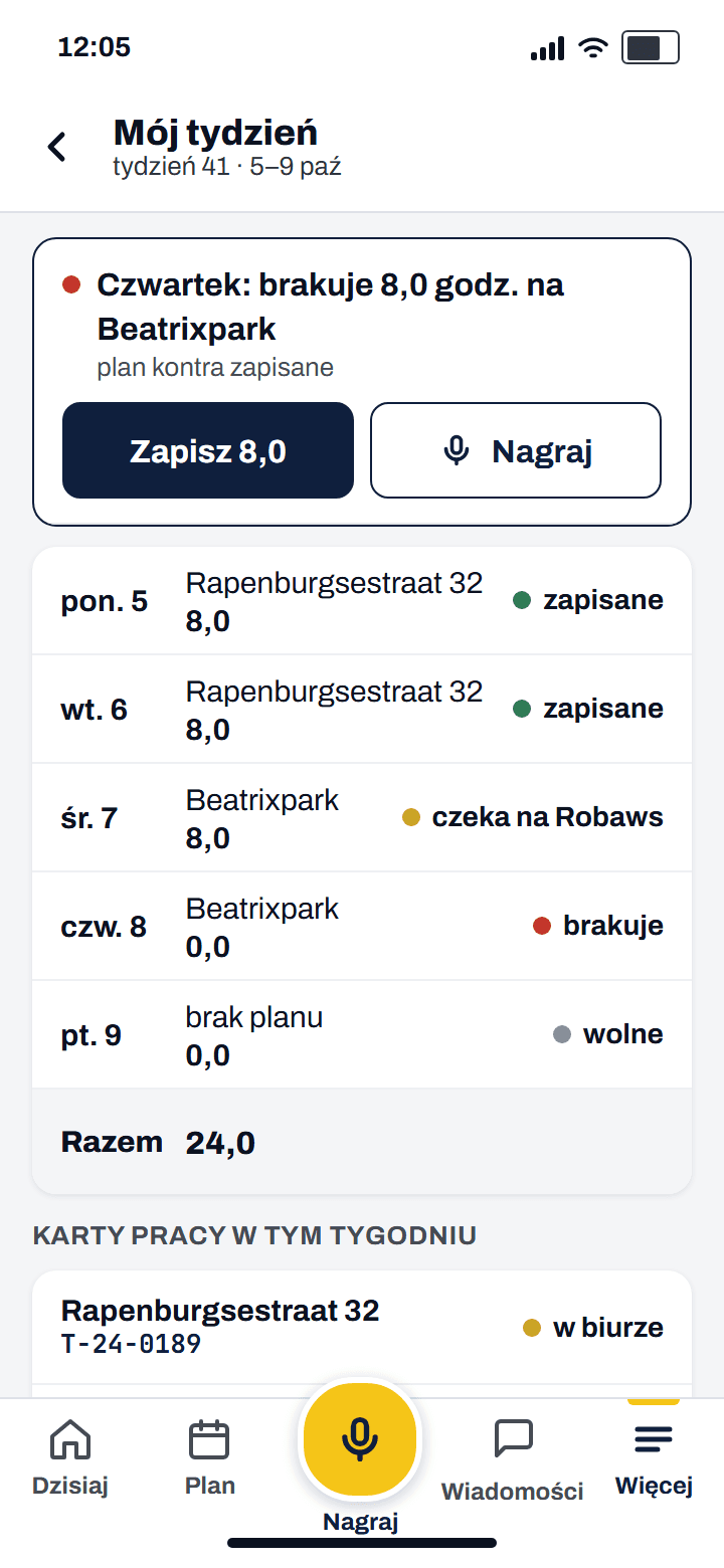 Mój tydzień z paskiem na górze: w czwartek brakuje 8,0 godz. na Beatrixpark, przyciski Zapisz 8,0 i Nagraj