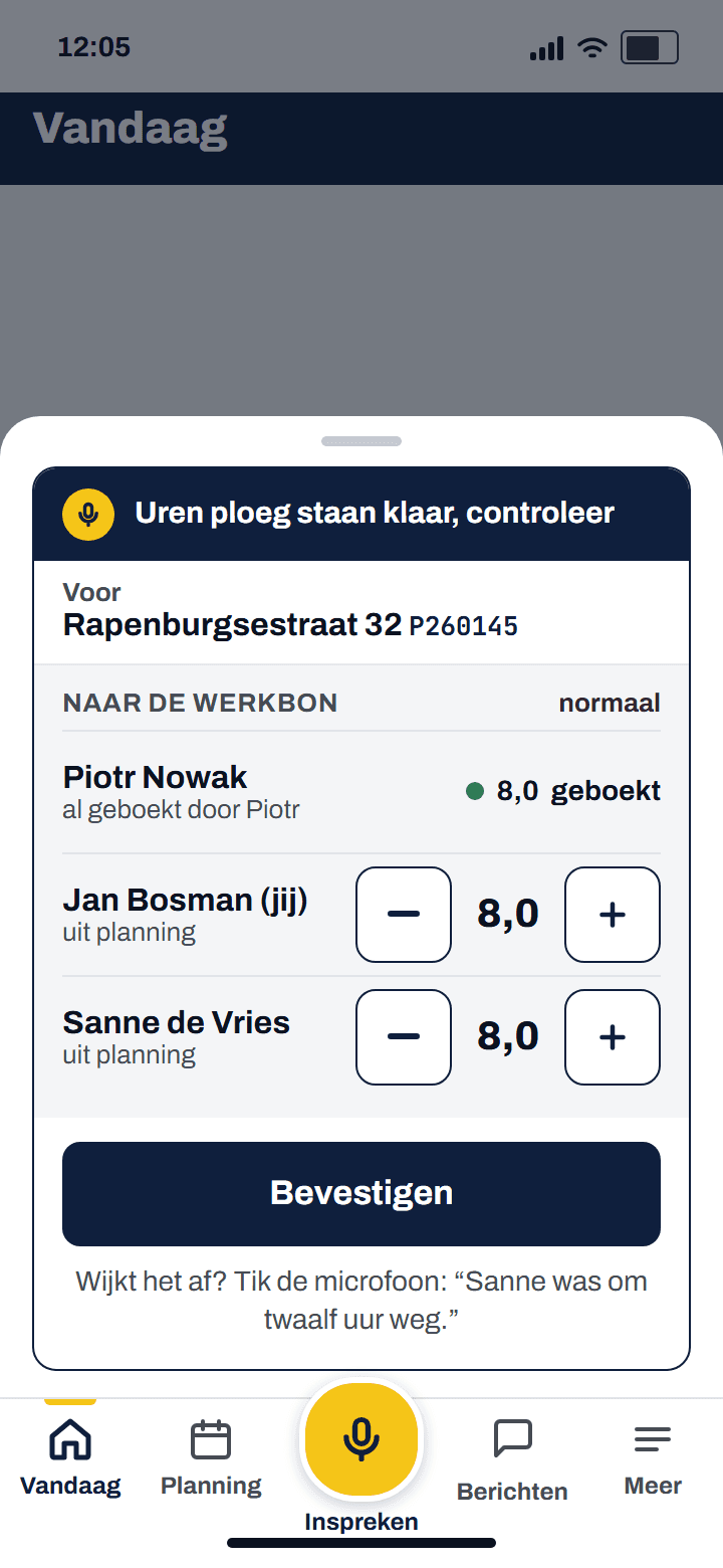 Kaart met de uren van de uitvoerders uit de planning, wie al boekte staat erbij, knop Bevestig