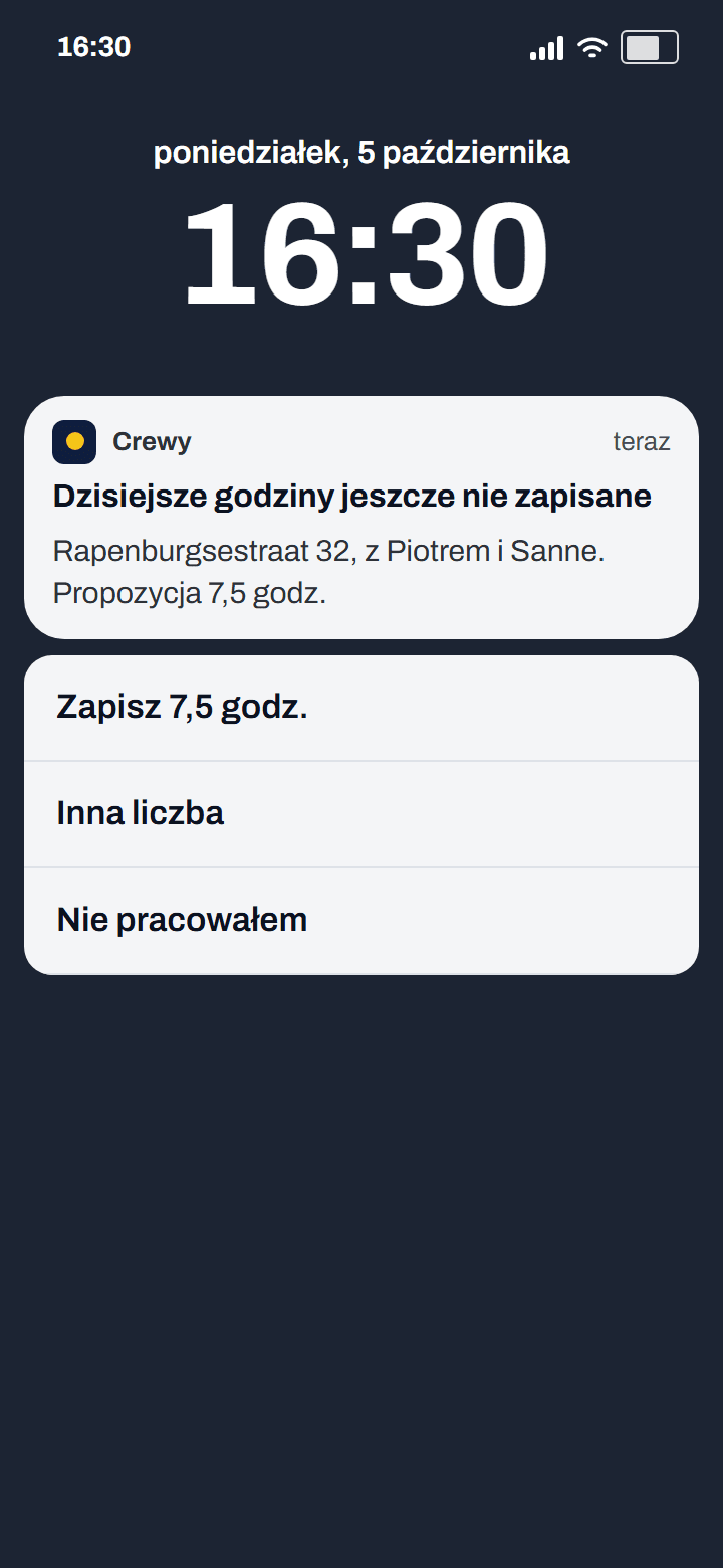 Powiadomienie na ekranie blokady: godziny z dziś jeszcze niezapisane, przyciski Zapisz 7,5 godz., Inna liczba i Nie pracowałem