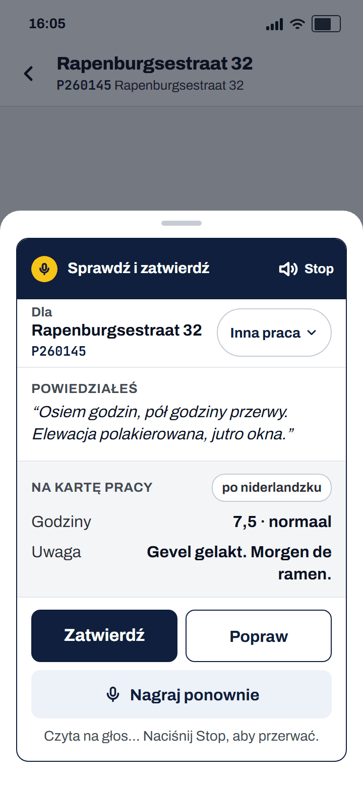Karta propozycji z małym głośnikiem w prawym górnym rogu, który właśnie czyta