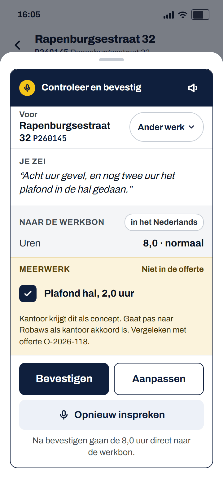 Voorstelkaart met een geel blok Meerwerk: plafond hal, 2,0 uur, niet in de offerte