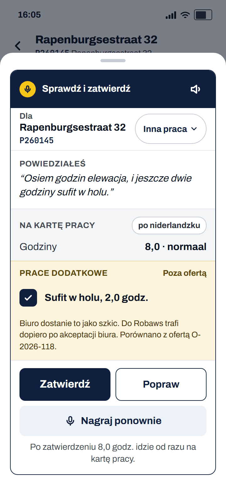 Karta propozycji z żółtym blokiem Prace dodatkowe: sufit korytarz, 2,0 godz., nie ma w ofercie