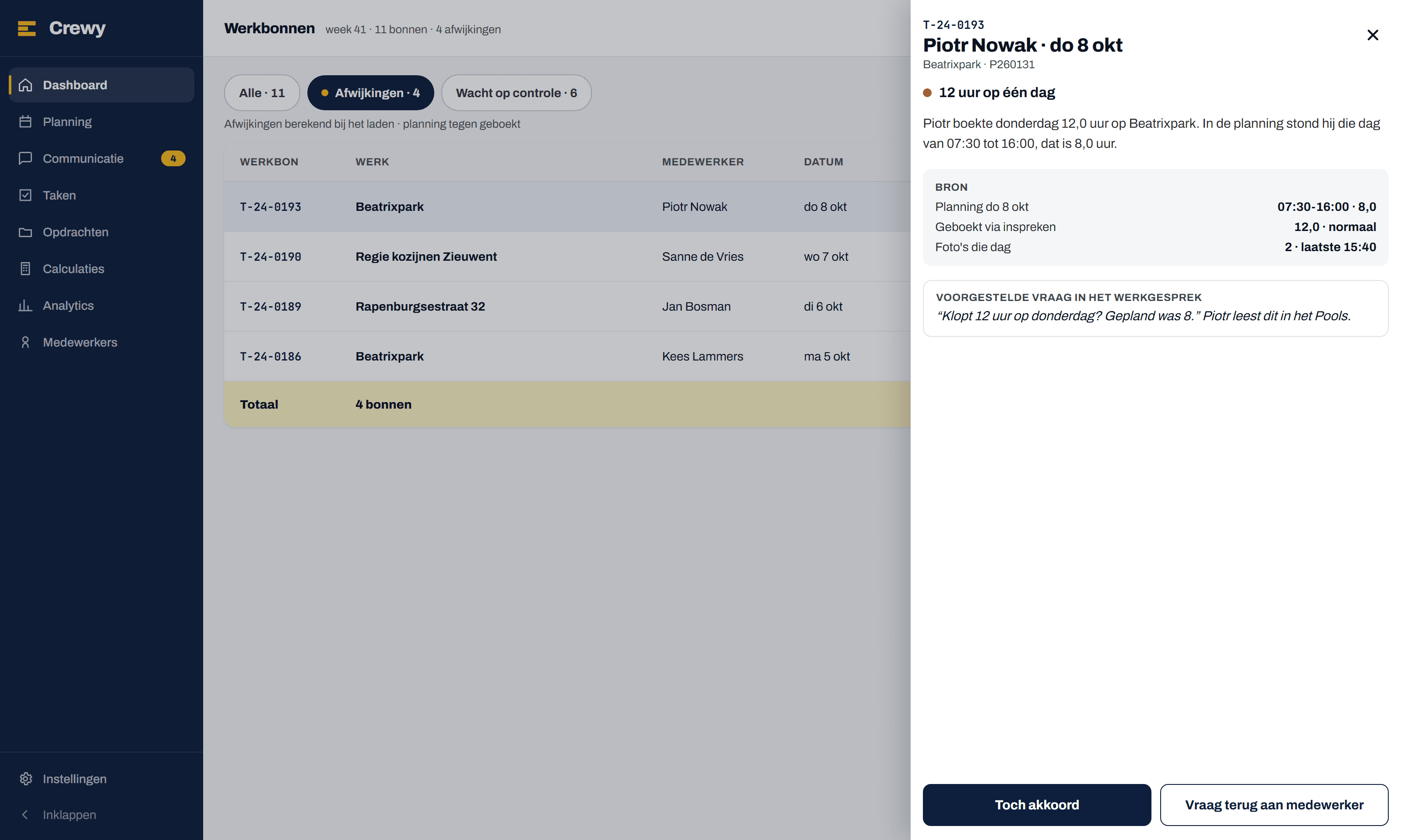 Werkbonnen met afwijkingen en een lade met de bron: planning 8,0 uur, geboekt 12,0 uur